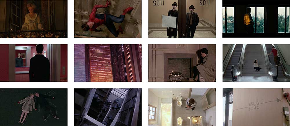 Grid of architectural scenes from films