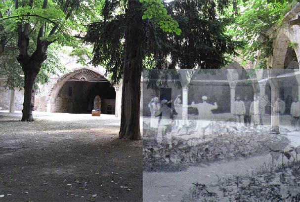 Courtyard superimposed with an image of a Lunatic Asylum