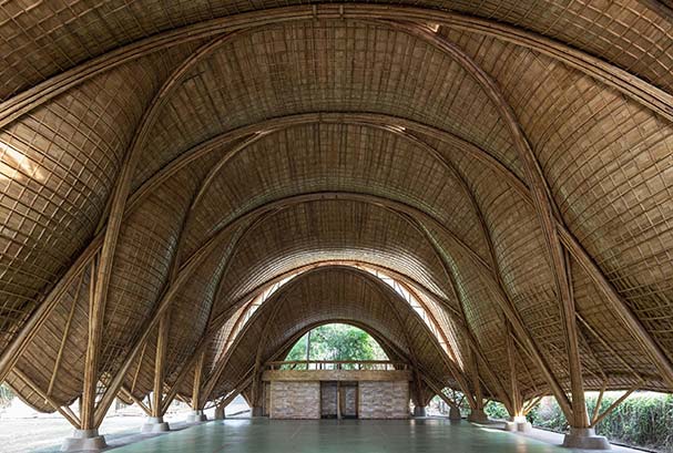 Interior of bamboo constructed building showing roof details