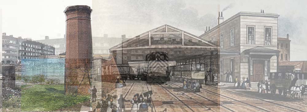 Composite image showing a railway station over time