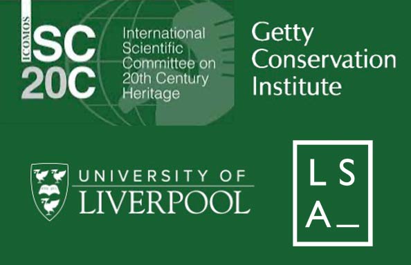 Liverpool School of Architecture, Getty Conservation Institute, University of Liverpool and International Scientific Committee on 20th Century Heritage logos on a green background