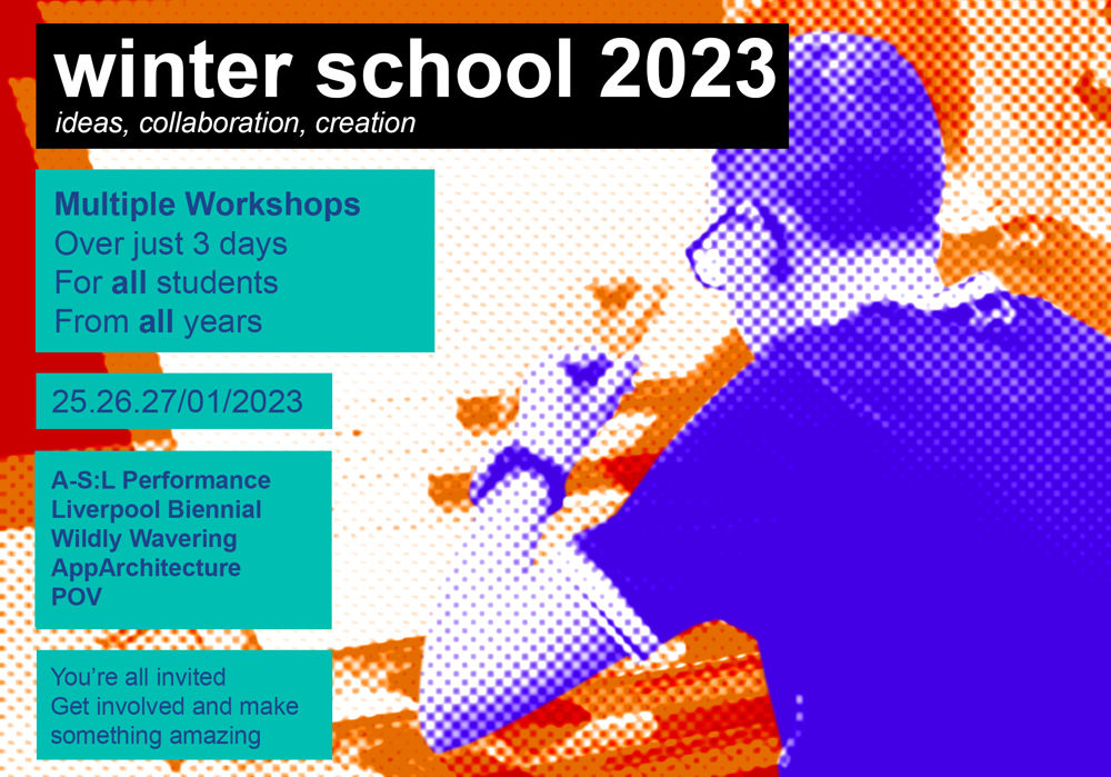 Stylised image of student from behind with text saying winter school, ideas collaboration creation