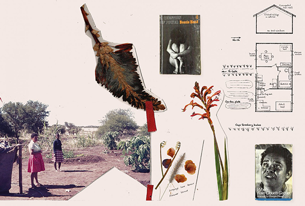 Collage image of photographs of african village life, architectural plans and pressed flowers