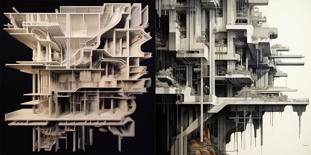 Two cross sections of AI generated buildings