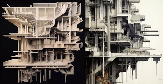 Two cross sections of AI generated buildings
