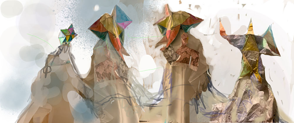 4 abstract statues in watercolour against a grey sky.