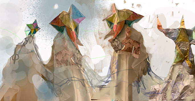 4 abstract statues in watercolour against a grey sky.