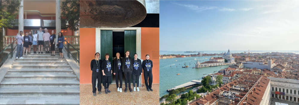 Triptych of images. On the left a mixed group of people standing on a set of concrete steps, in the middle a group of people in front of some opn bronze doors, on the right an aerial view of Venice with the lagoon and a cathedral visible in the middle.