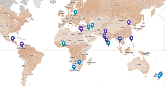 World maps with marker points overlayed on countries where LSA Alumni have come from.