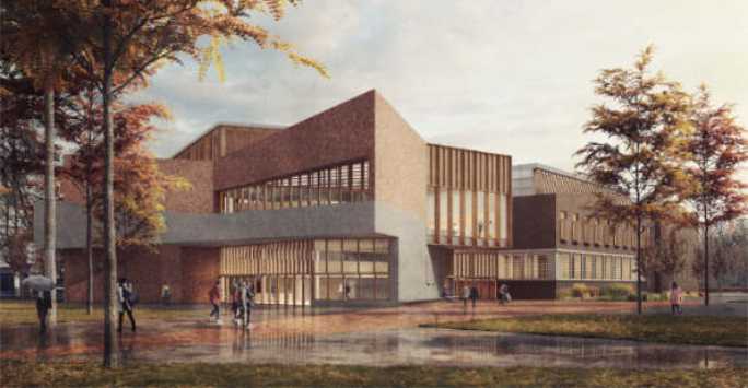 Render of a brick and concrete building with wooden widows and geometric shape.
