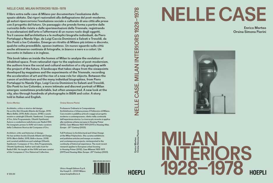 Book cover with a photo of a Male child wearing shorts standing halfway up a staircase, they have just dropped a cube with large letters on each face down the stairs. text reads Nelle Case, Millan Interiors 1928-1978