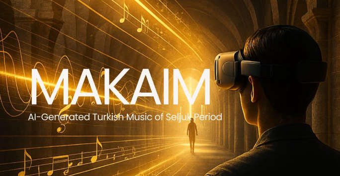 AI generated image of a person stranding in a vaulted corridor. Looking away from the camera towards a figure in the distance who is walking towards them. Musical notes stream past them.