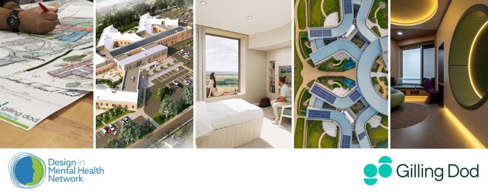 Gallery of five images showing different aspects of spaces for mental health, sketchs of architectural plans, calming hospital rooms, aerial view of a hospital site.