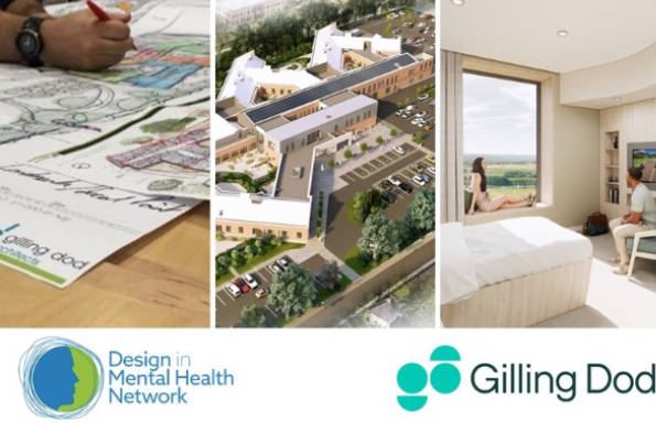 Gallery of three images showing different aspects of spaces for mental health, sketches of architectural plans, calming hospital rooms, aerial view of a hospital site.