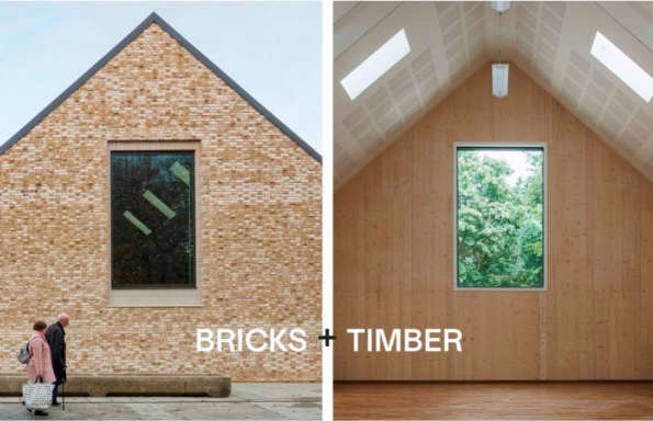 Alt/Description: Cross section of a building with a pitched roof, one showing the external brick cladding, the other showing the internal wood structure.