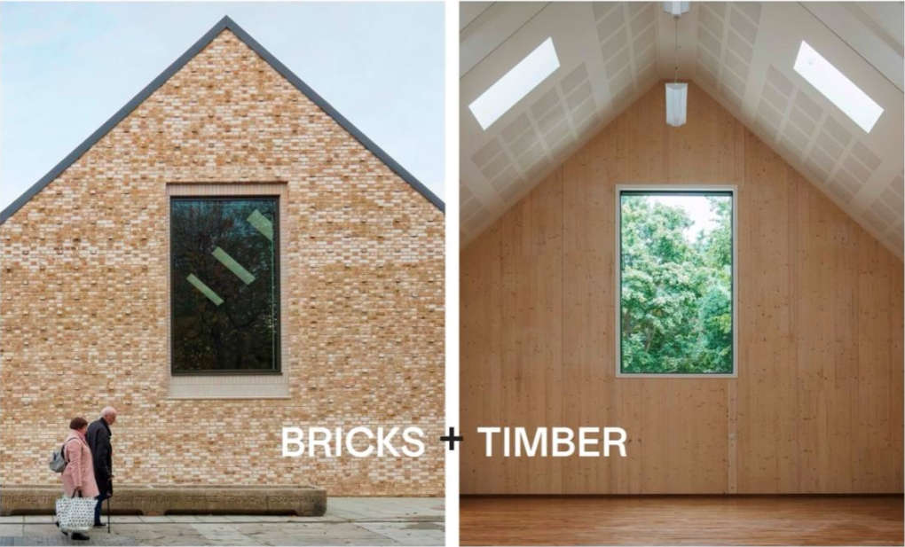 Cross section of a building with a pitched roof, one showing the external brick cladding, the other showing the internal wood structure.