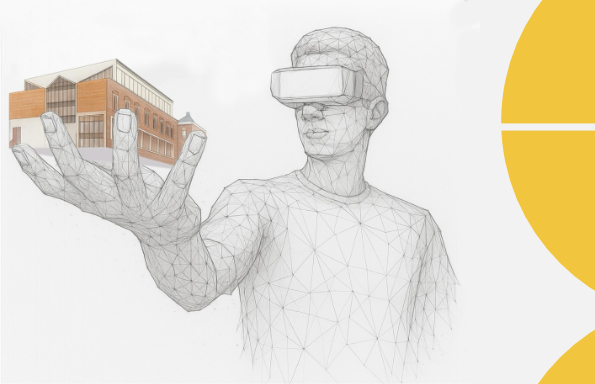 Wireframe model of a man wearing VR goggles. In an outstretched hand they are holding an AI generated model of a building as if they were looking at it through the goggles.