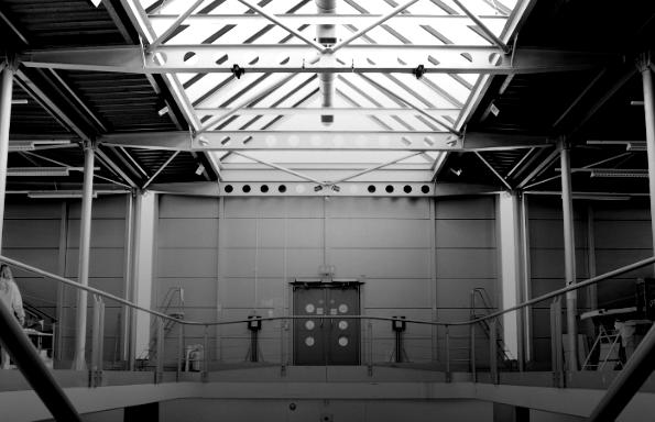 Interior of the Stirling gallery, steel frames with a pitched glass roof.