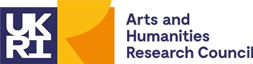White text on a blue background with letters UKRI, to the right an orange logotype followed by the text Arts and Humanities Research Council