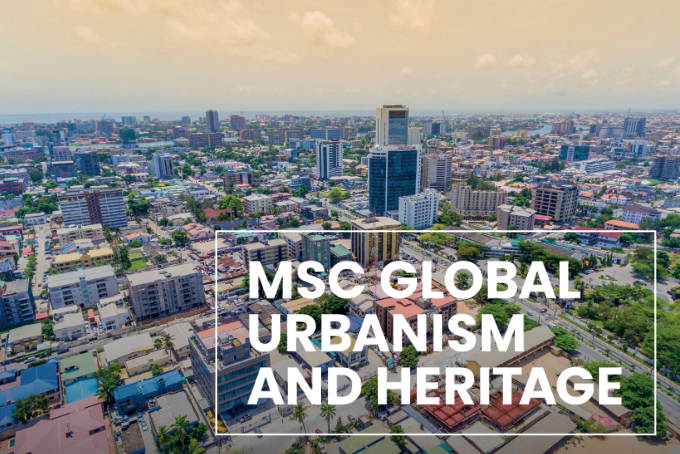 Aerial view of a urban district. In the foreground are low rise housing blocks with higher rise buildings in the background. Over the top is superimposed the text 