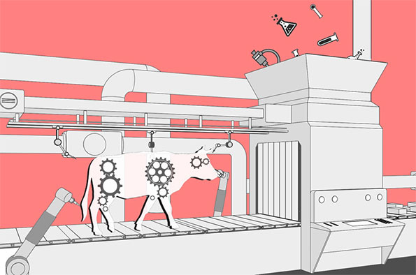 Image of a mechanical cow entering a processing machine signifying the mechanisation of modern food production