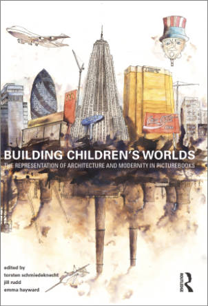 Watercolour illustration of an imagined city skyline with a jumbo jet, skyscrapers and a hot air ballon in the shape of a head. Under the title Building Children's world is an inverted illustration of an imagined industrial skyline with chimneys, smoke, pollution and military drone flying overhead.