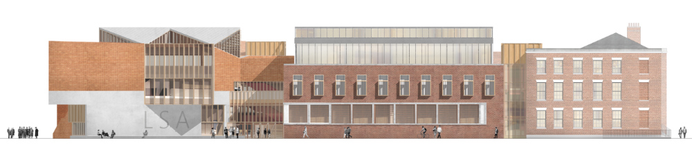 Rendered Elevation of the School of Architecture, showing the Georgian building with 1930s, 1980s and new extensions.