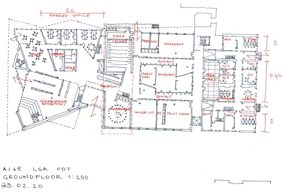 Sketch Plan of a proposed building extension of the School of architecture , showing new and old parts of the building with hand written annotations.