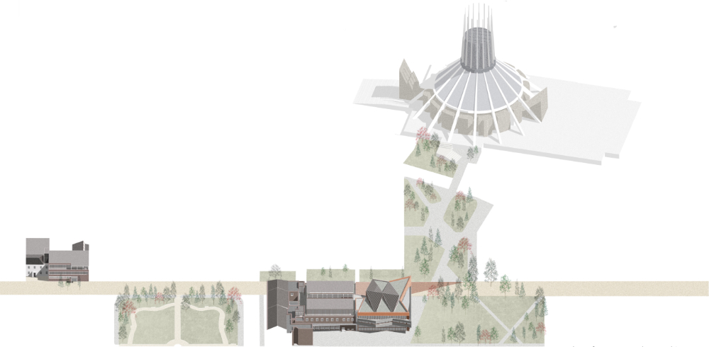 Orthographic projection of a architectural site, showing a modern cathedral at the top right leading through a landscaped area to a building proposal.
