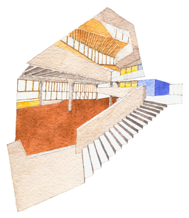 Watercolour render of a internal view of a teaching space. in the foreground is a set of stairs.