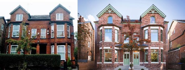 The UK's greenest retrofit located in Chorlton, Manchester before (left) and after (right) refurbishment.