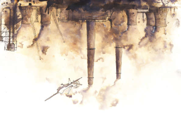 Watercolour illustration of an imagined industrial skyline with chimneys, smoke, pollution and military drone flying overhead.