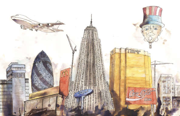 Watercolour illustration of an imagined city skyline with a jumbo jet, skyscrapers and a hot air ballon in the shape of a head.