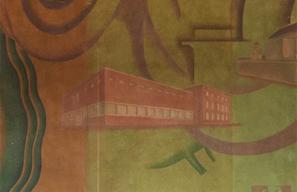 Stylised painted representation of the Liverpool School of Architectures building in the 1930s