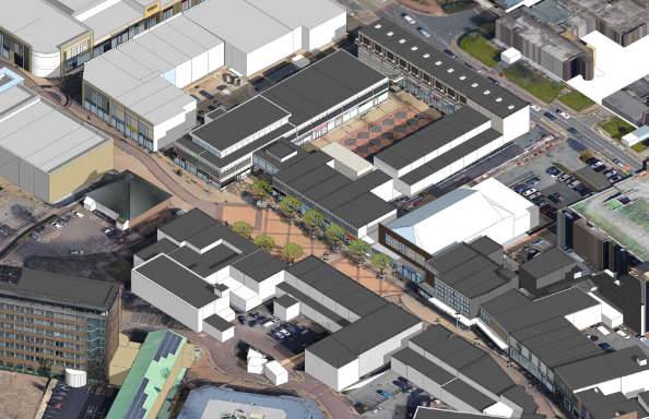 Aerial view of Huyton Town centre. CGI buildings are picked out in greys and whites.