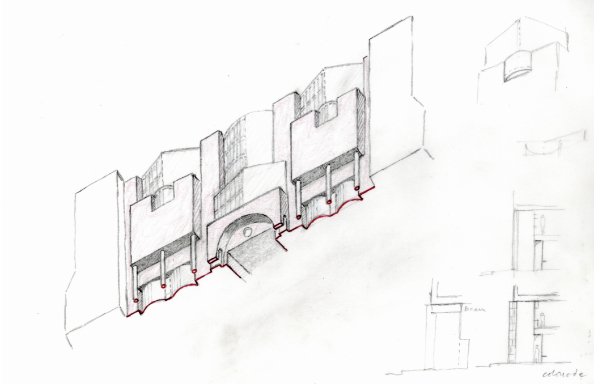 Number One Poultry worm’s eye view facade annotated by James Stirling, 1986.