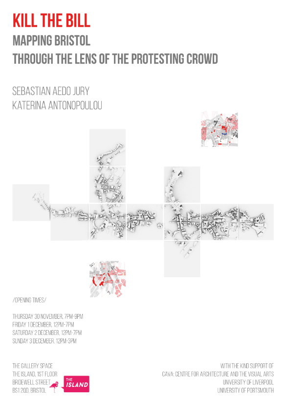 Post for exhibition with an image of a 3D map overlayed onto grey Tiles. Text read Mapping Bristol: Through the lens of a protesting crowd.