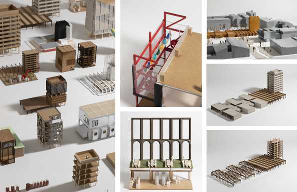 A collage of 6 images showing student models of a repurposed tower block. The models are made from a variaty of media including cardboard, plastic and MDF.