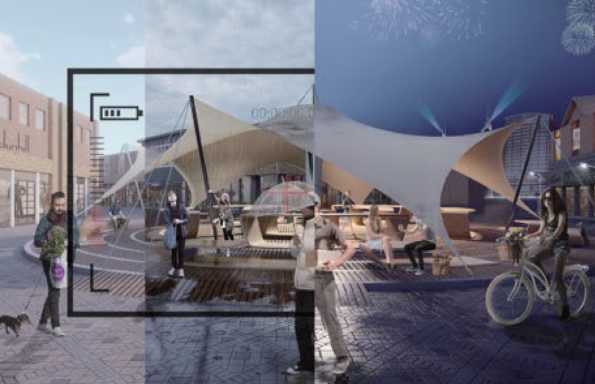 A rendered image of a street split into night and day views showing people interacting with a sail based awning.