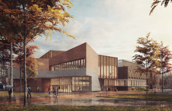 Render of a brick and concrete building with wooden widows and geometric shape.