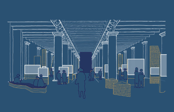 Sketch of a pavilion interior with outlines of people walking around exhibit.