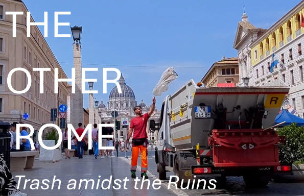 City street with classical buildings on either side, and a large cathedral visible in the background. On the street a man is tossing a rubbish sack into a refuse truck.