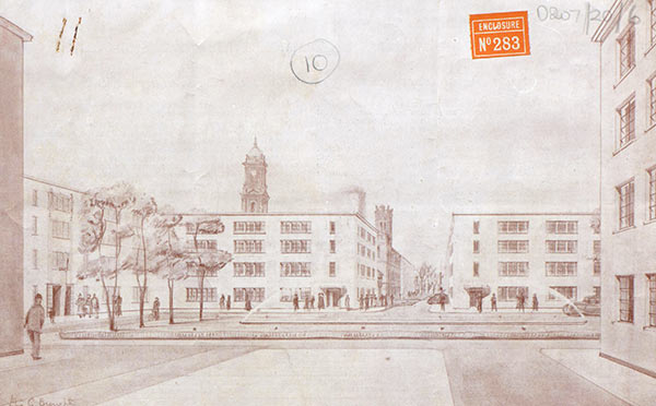Drawing of a civic scheme for Birkenhead in sepia tones