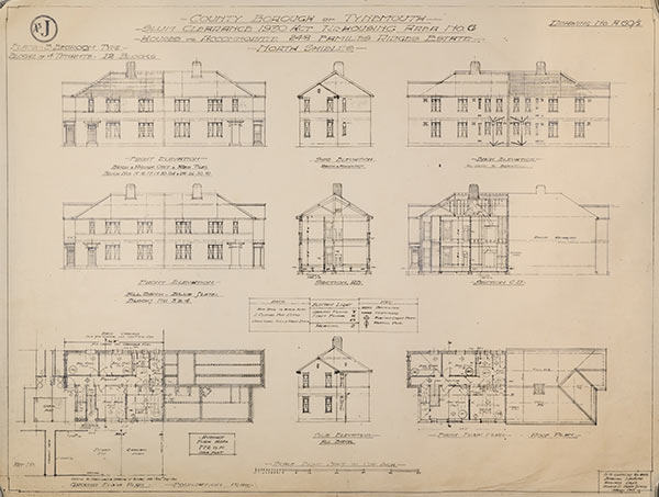 Plans, sections and elevations of housing project for North Shields slum clearance project