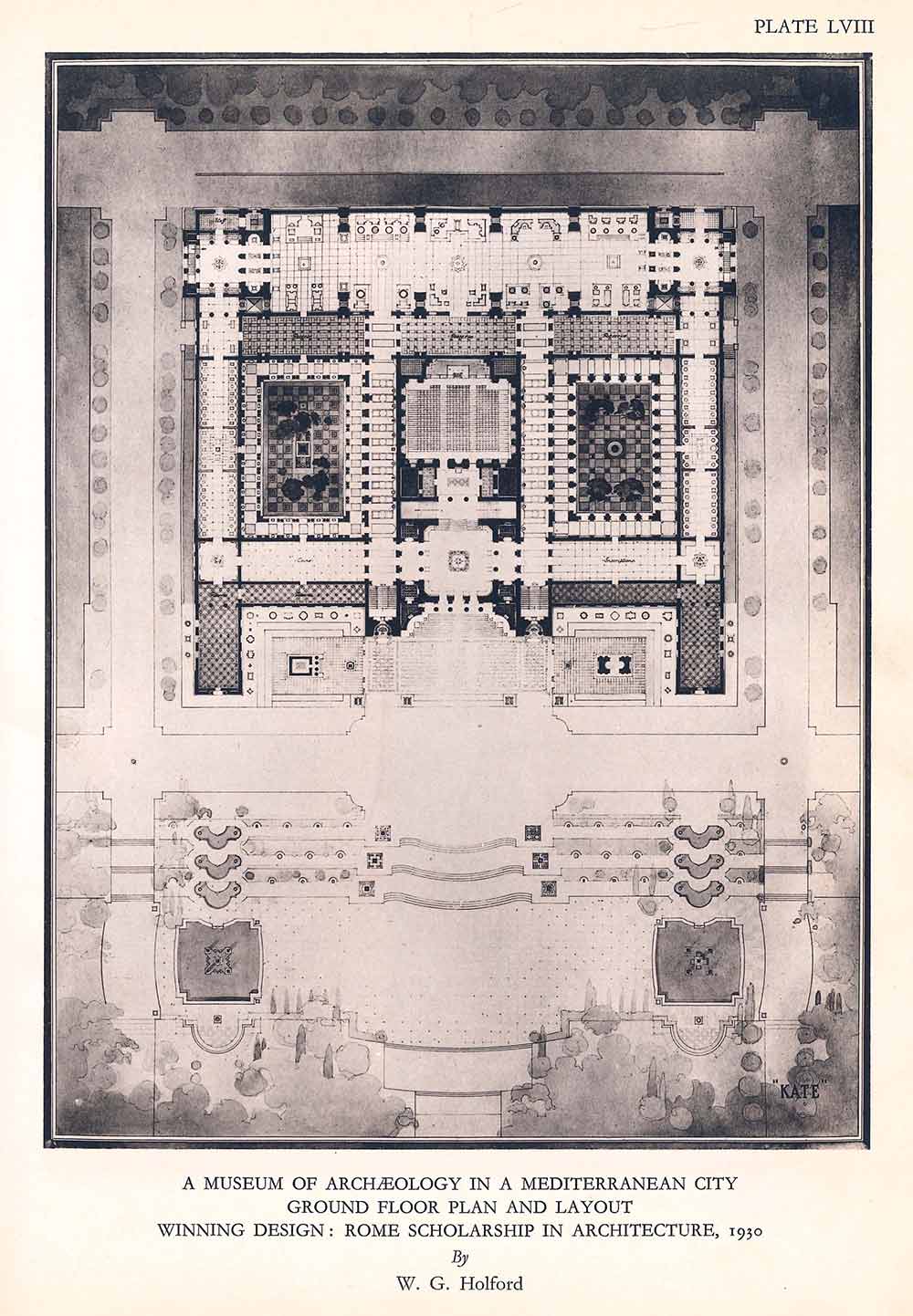 A Museum of Archaeology in a Mediterranean City, Ground Floor Plan. Published in the Book of the Liverpool School of Architecture, The University Press of Liverpool and Hodder and Stoughton Ltd London, 1932. Plate LVIII.