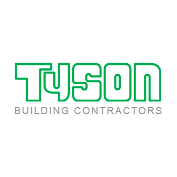 Stylised text Tyson, with building contractors below in san serif font
