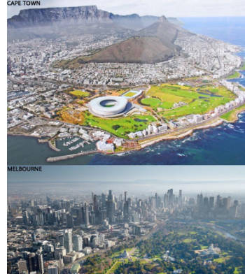 Aerial views of Cape Town and Melbourne. Modern high rise cities with parks in the middle of the photographs.