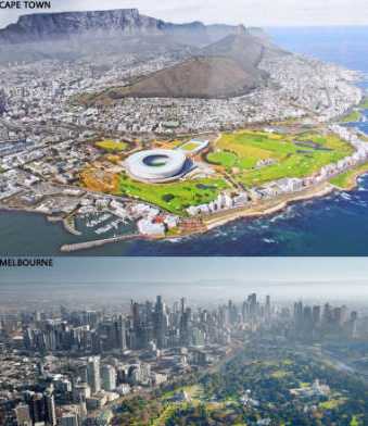 Aerial views of Cape Town and Melbourne. Modern high rise cities with parks in the middle of the photographs.