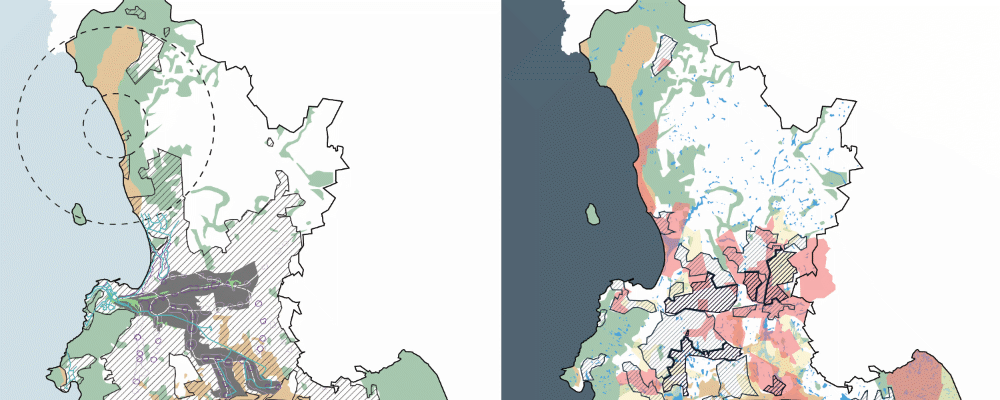 Map of a coastal area showing the affect of climate change over time.