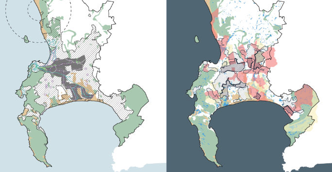 Map of a coastal area showing the affect of climate change over time.